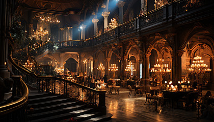 Grand ballroom from the Victorian era, with elegant dancers, opulent chandeliers, and a grand staircase.