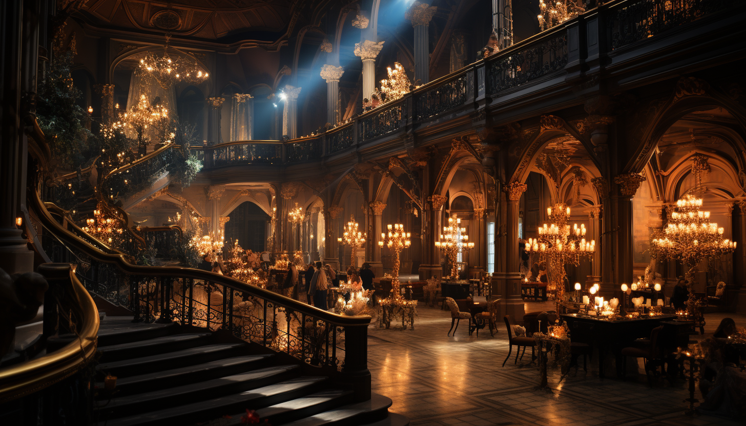 Grand ballroom from the Victorian era, with elegant dancers, opulent chandeliers, and a grand staircase.