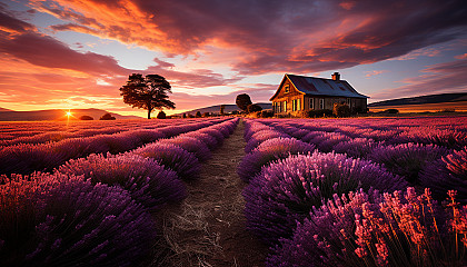 Lavender fields at dawn, with rows of purple blooms, a rustic farmhouse in the distance, and bees buzzing around.
