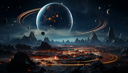 Vibrant rings of a distant planet against a star-studded backdrop.