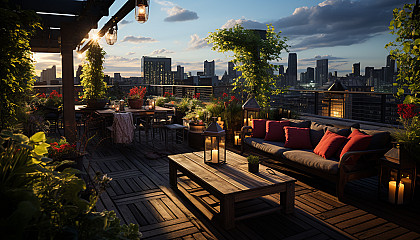 Rooftop garden in a modern city, with a variety of plants, comfortable seating, string lights, and skyscrapers in the background.