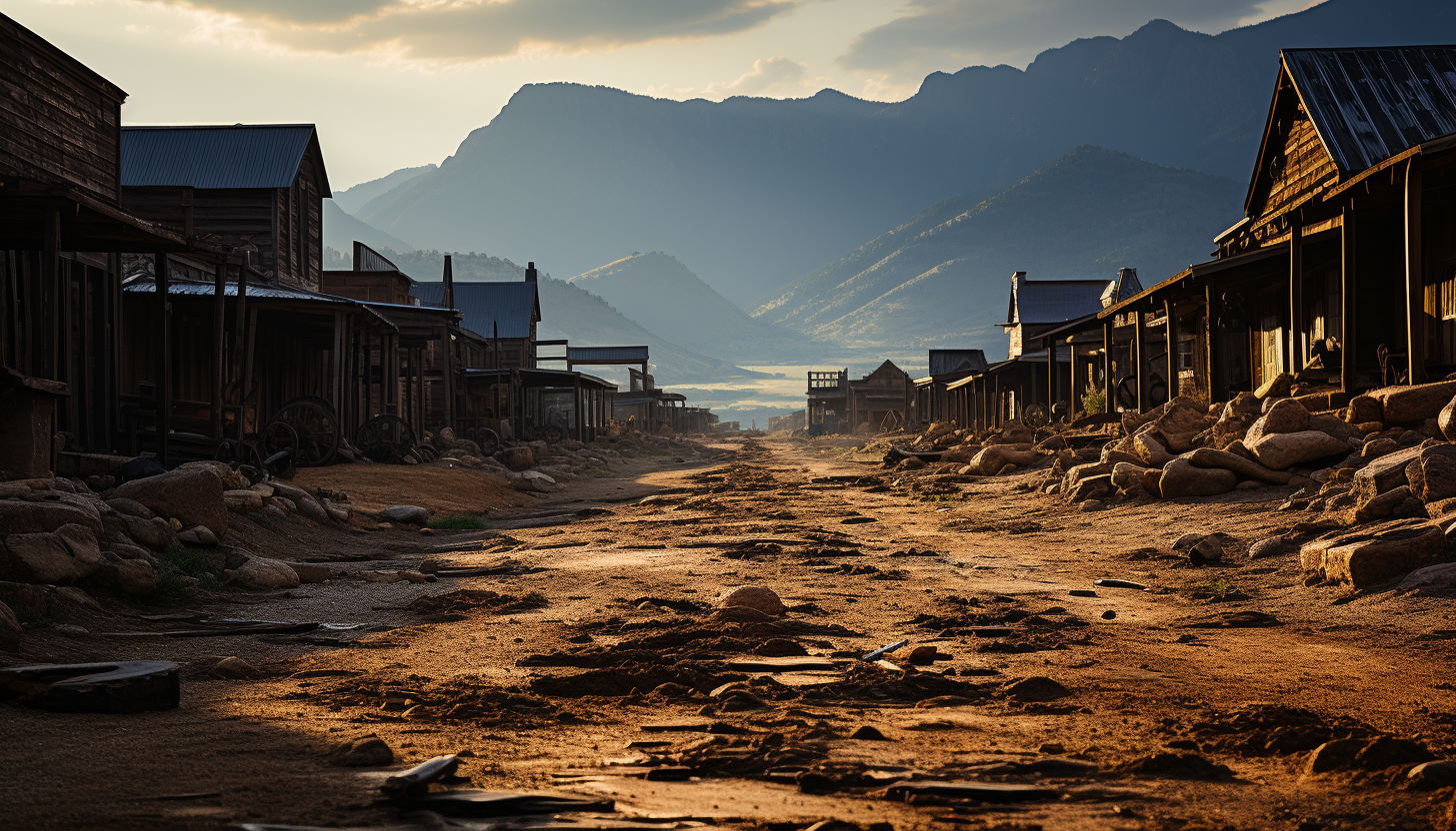Old Western ghost town at high noon, abandoned wooden buildings, a dusty main street, tumbleweeds, and distant mountains.
