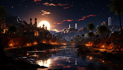 Desert oasis at twilight, with a tranquil pond, palm trees, a caravan of camels, and a star-filled sky above.