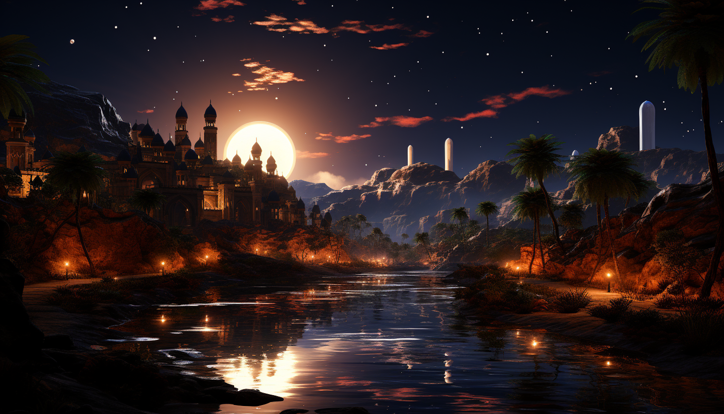 Desert oasis at twilight, with a tranquil pond, palm trees, a caravan of camels, and a star-filled sky above.