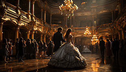 Lavish royal ballroom, with elegant dancers, an ornate chandelier, grand staircase, and portraits of nobility on the walls.