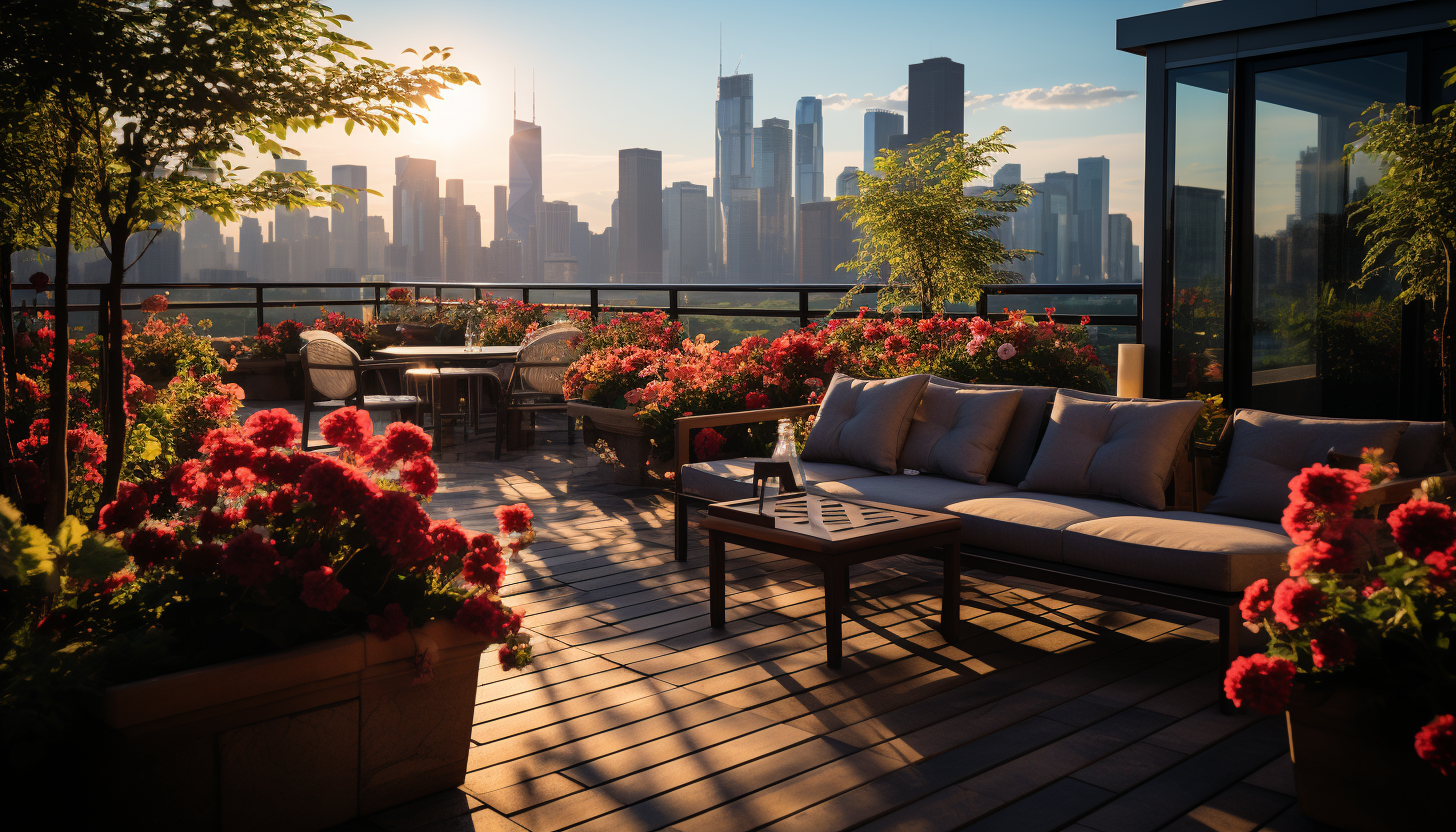 Lush rooftop garden in a modern city, with an array of flowers, herbs, comfortable seating, and skyscrapers in the background.