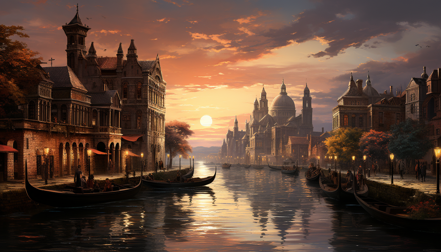 Traditional Venetian canal scene, gondolas gliding through the water, historic buildings lining the banks, and a sunset casting golden hues.