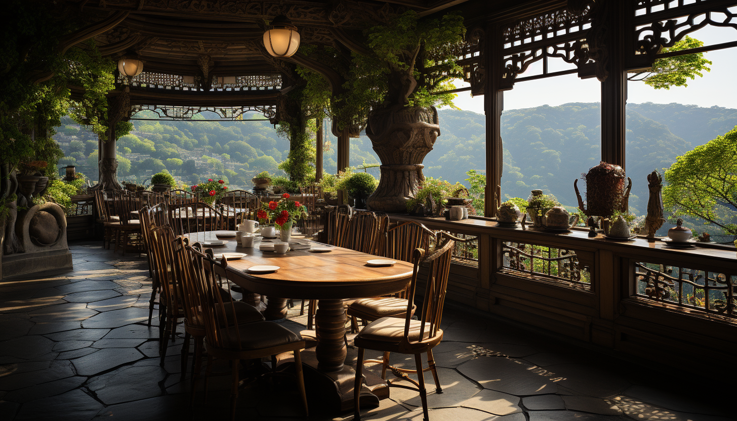 Traditional Chinese tea house, with intricate wooden architecture, tranquil gardens, tea masters performing ceremonies, and distant mountains.