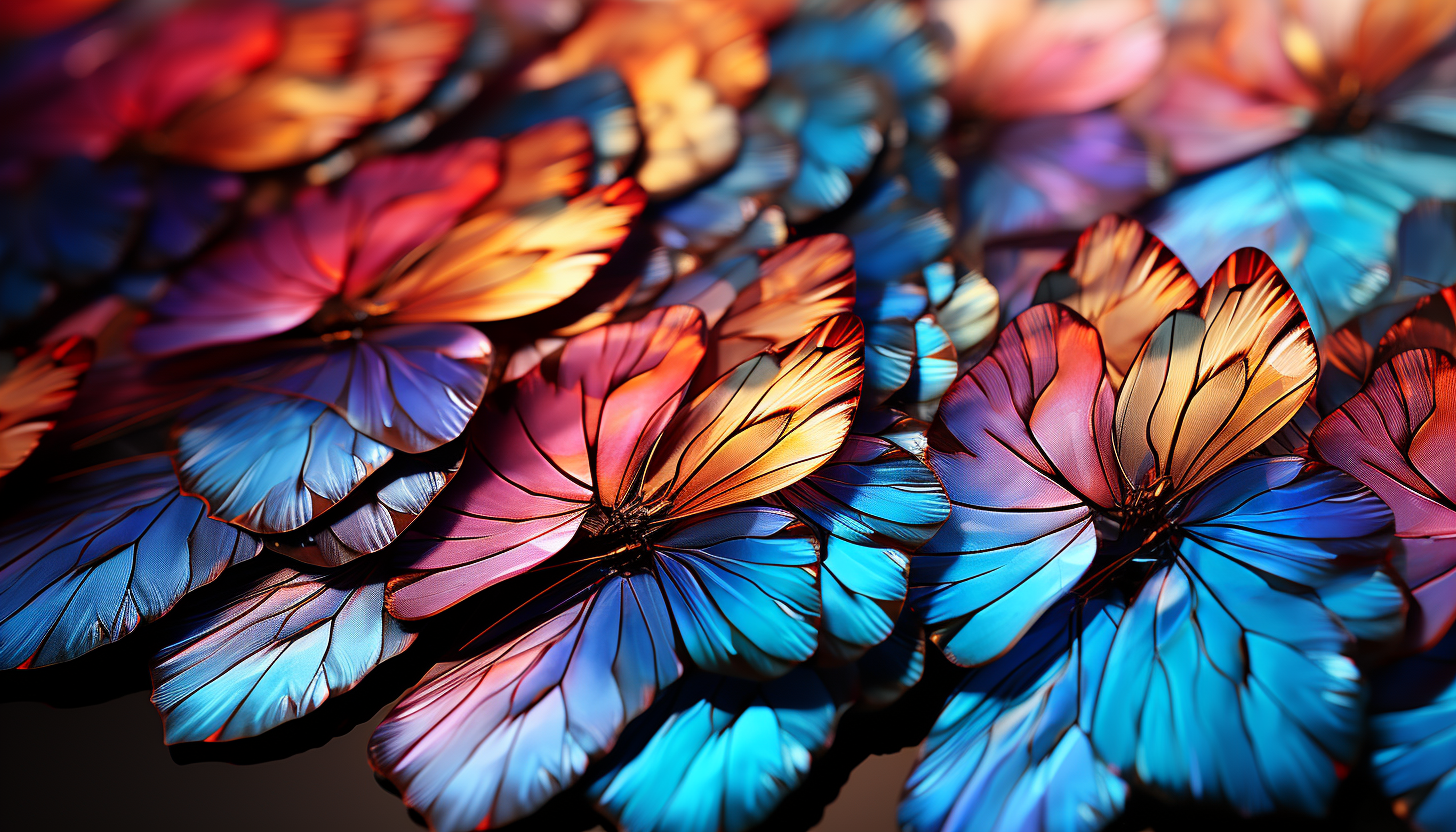 Macro view of iridescent butterfly wings showing intricate patterns.