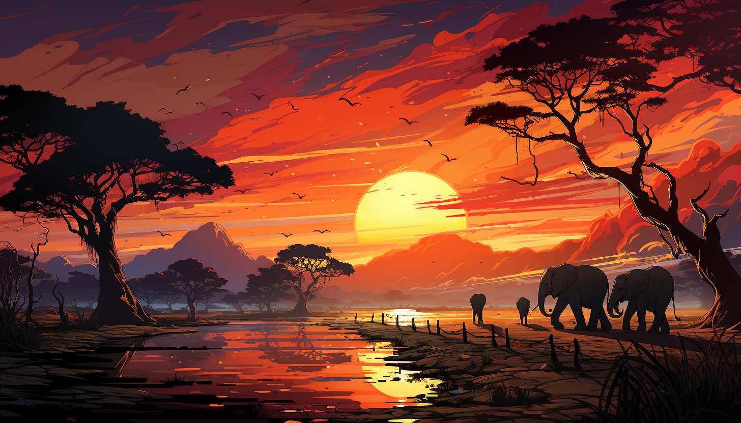 Sunset over an African savanna, with silhouettes of elephants and acacia trees, a vibrant sky, and distant mountains.