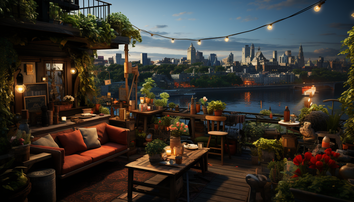 Rooftop garden in a bustling city, with a variety of plants, a small pond, city skyline in the background, and string lights creating a cozy atmosphere.