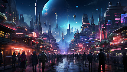 Futuristic cyberpunk street scene, neon-lit skyscrapers, holographic billboards, diverse crowd with augmented reality gadgets.