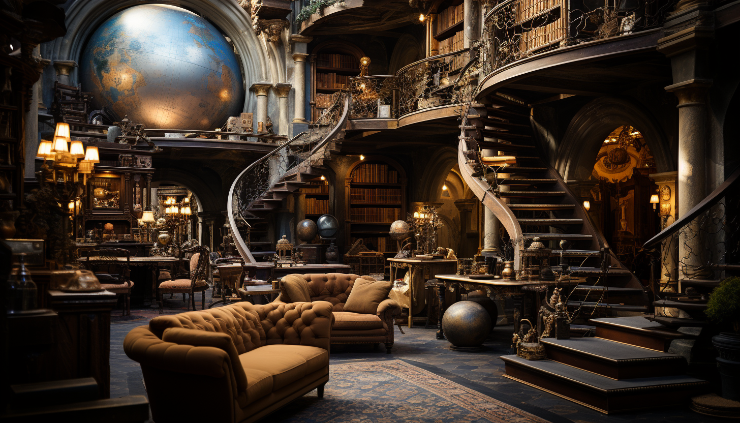 Grand library with towering bookshelves, spiral staircases, ancient manuscripts, and a large globe in the center.