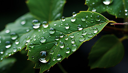 A close-up of dew drops glistening on a leaf.