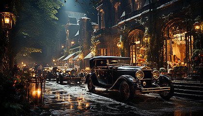 Luxurious 1920s Gatsby-style party, with elegantly dressed guests, vintage cars, a grand mansion, and fireworks in the night sky.