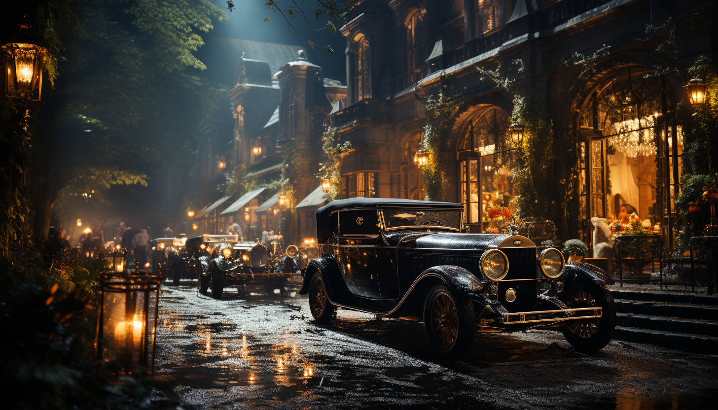 Luxurious 1920s Gatsby-style party, with elegantly dressed guests, vintage cars, a grand mansion, and fireworks in the night sky.