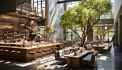 Modern coffee shop interior with minimalist design, large communal tables, a variety of plants, and baristas crafting artisanal drinks.