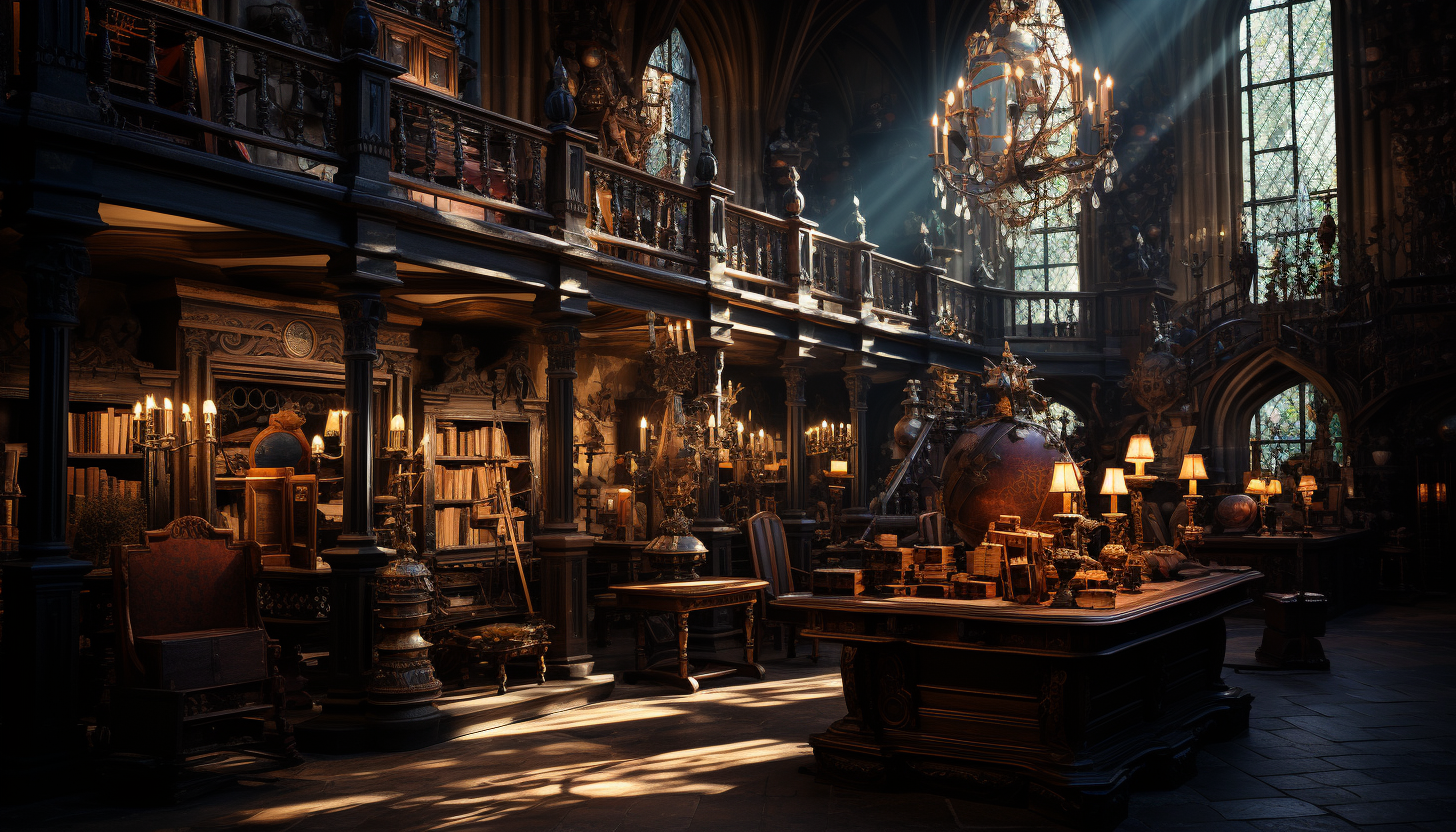 Ancient library filled with towering bookshelves, mysterious artifacts, a grand globe, and soft light filtering through stained glass windows.