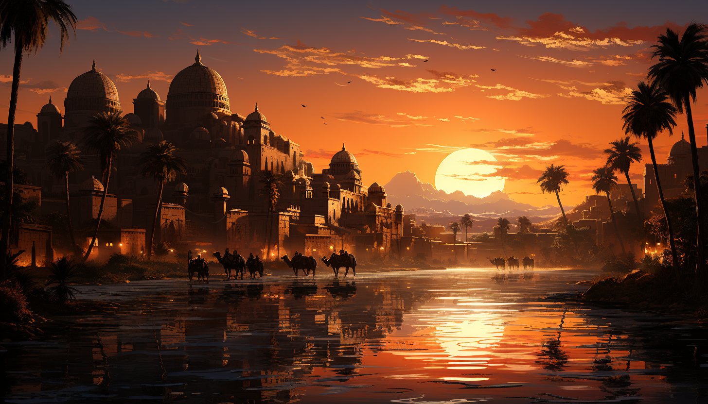 Desert oasis at sunset, with palm trees, a tranquil pond, camels resting, and ancient ruins in the soft golden light.