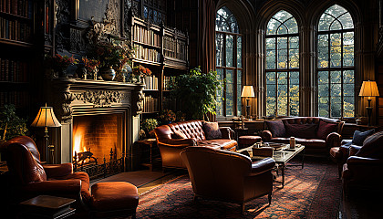 Old library with towering bookshelves, a grand fireplace, leather armchairs, and sunlight filtering through stained glass windows.