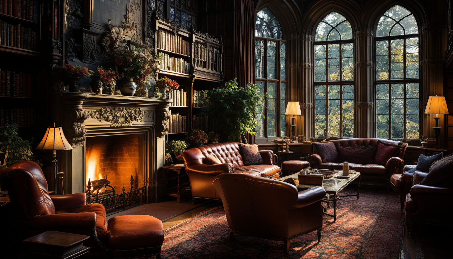 Old library with towering bookshelves, a grand fireplace, leather armchairs, and sunlight filtering through stained glass windows.