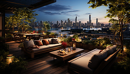 Rooftop garden in a modern city, with an array of green plants, comfortable seating, skyscrapers in the background, and twinkling city lights.