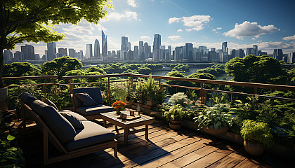 Rooftop garden in a modern city, with lush greenery, comfortable seating, skyscrapers in the background, and a small pond.