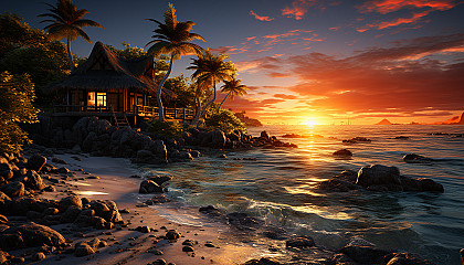 Lush tropical island paradise at sunset, with palm trees, white sandy beaches, hammocks, and a small hut overlooking the turquoise ocean.