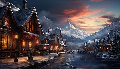 A snowy mountain village during the holiday season, with cozy cabins, a frozen lake for ice skating, and festive decorations.