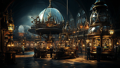 Steampunk laboratory with elaborate gadgets, whirring machines, copper pipes, and inventors working on fantastical contraptions.