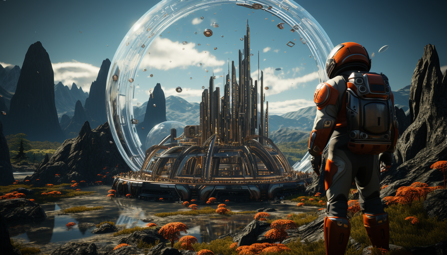 Futuristic Martian colony, with biodomes, red desert landscape, astronauts in advanced suits, and a distant Earth visible in the sky.