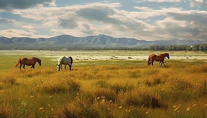 Wild horses grazing in an open meadow.