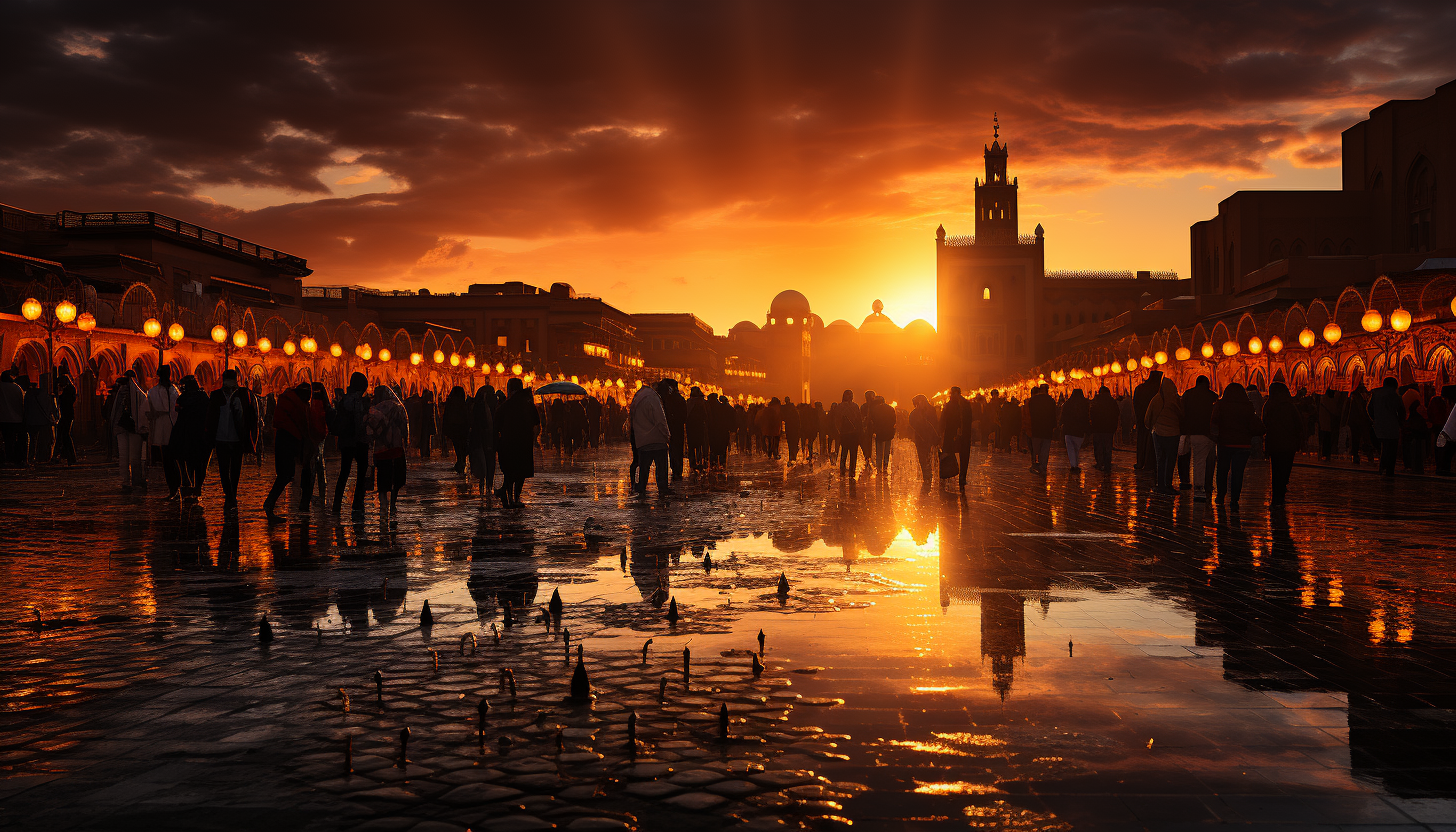 Traditional Moroccan market at dusk, bustling with activity, spice stalls, handmade crafts, and a stunning mosaic fountain in the center.