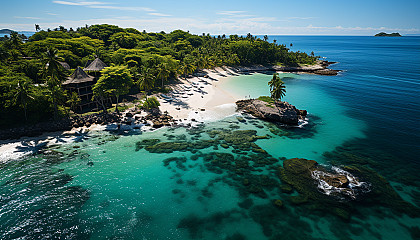 Lush tropical island from above, showing clear blue waters, white sandy beaches, a coral reef, and a lone sailboat.