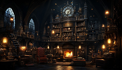 Ancient library with towering bookshelves, mystical tomes, a grand fireplace, and globes of softly glowing enchanted light.