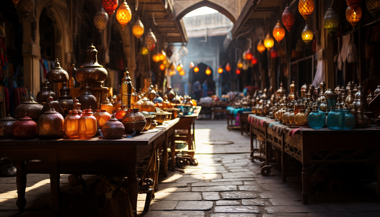 Vibrant Indian bazaar, filled with colorful fabrics, spices, jewelry, bustling crowds, and ornate architecture.