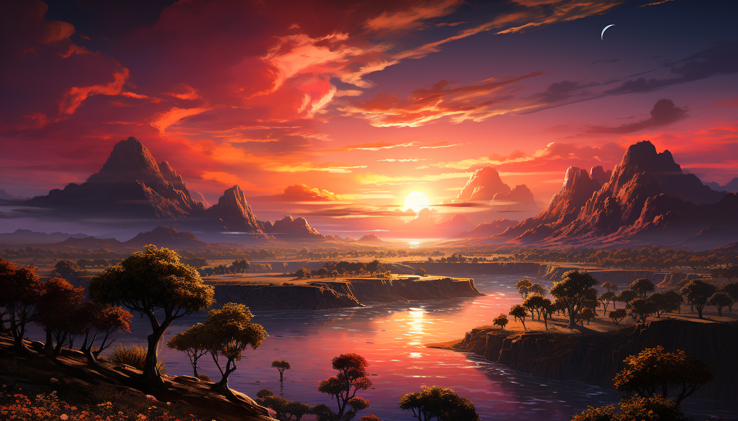 Desert oasis at sunset, featuring palm trees, a tranquil pond, sand dunes in the background, and camels resting nearby.