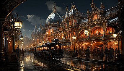 Victorian-era train station, with steam locomotives, elegantly dressed travelers, and period-specific details like gas lamps and wrought iron benches.