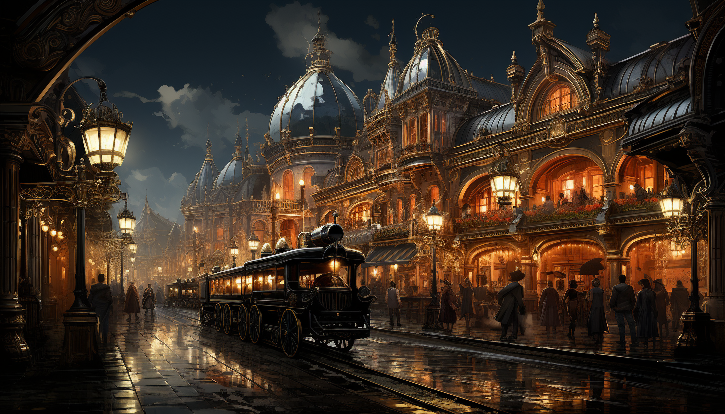 Victorian-era train station, with steam locomotives, elegantly dressed travelers, and period-specific details like gas lamps and wrought iron benches.