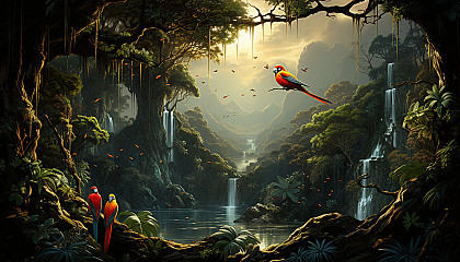 Lush rainforest canopy view, with exotic birds, dense green foliage, hanging vines, and a distant waterfall.