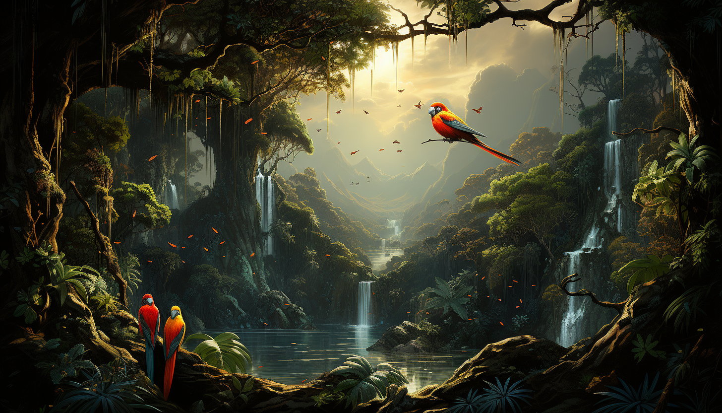 Lush rainforest canopy view, with exotic birds, dense green foliage, hanging vines, and a distant waterfall.