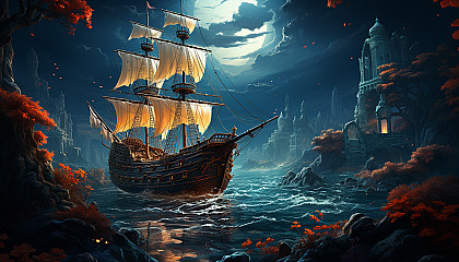 Sunken pirate ship in a coral reef, surrounded by marine life, treasure chests, and mysterious underwater flora.