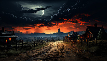 Old Western ghost town at dusk, abandoned wooden buildings, a dusty main street, and a distant thunderstorm.