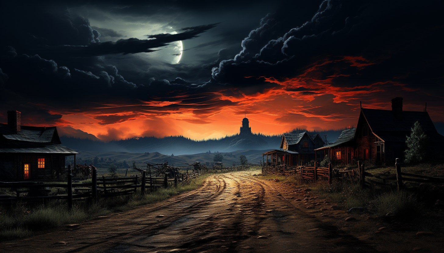 Old Western ghost town at dusk, abandoned wooden buildings, a dusty main street, and a distant thunderstorm.