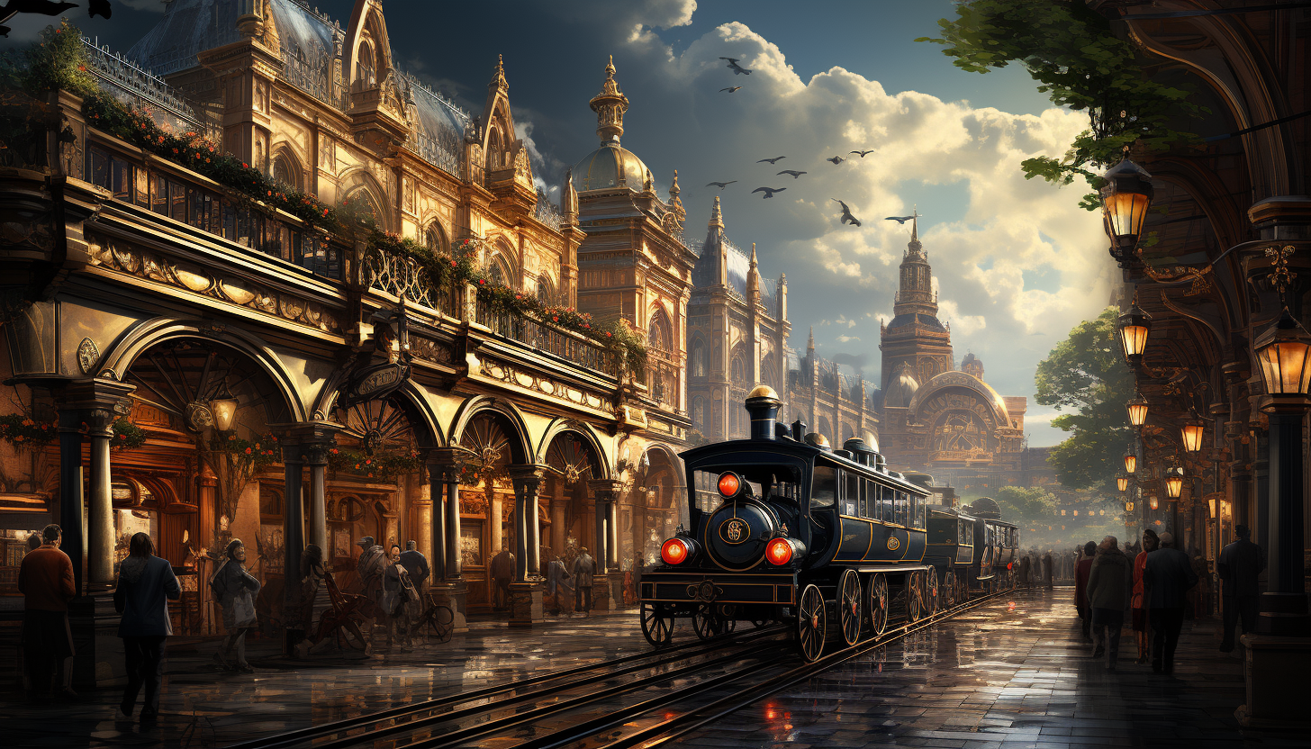 Victorian-era train station, with steam locomotives, elegantly dressed passengers, clock tower, and vintage luggage.