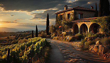 Lush vineyard landscape in Tuscany, with rolling hills, grapevines in neat rows, a rustic stone villa, and the setting sun casting golden hues.