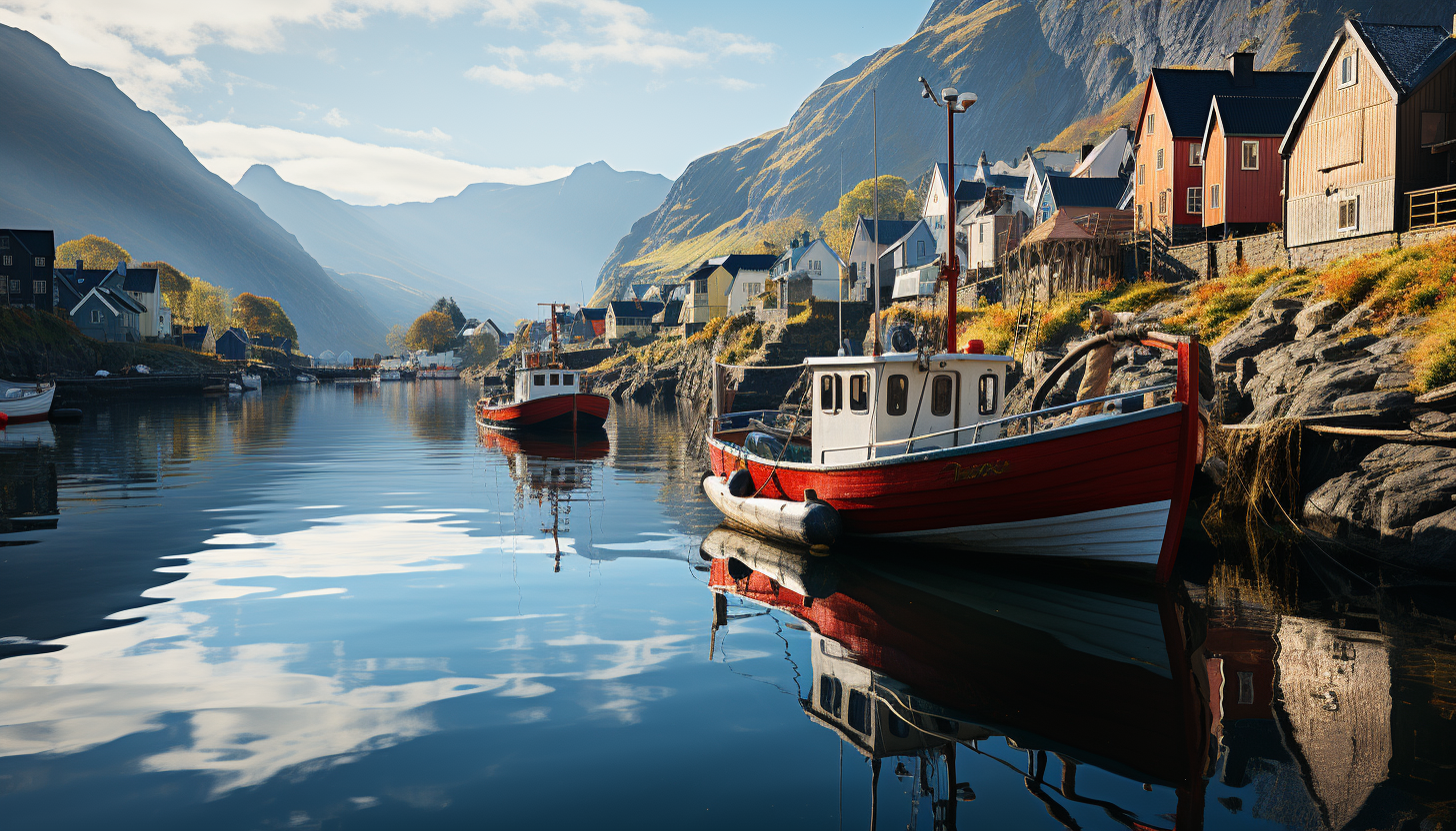 A tranquil Scandinavian fjord in early morning, small fishing boats, colorful wooden houses, and towering cliffs reflected in the still water.