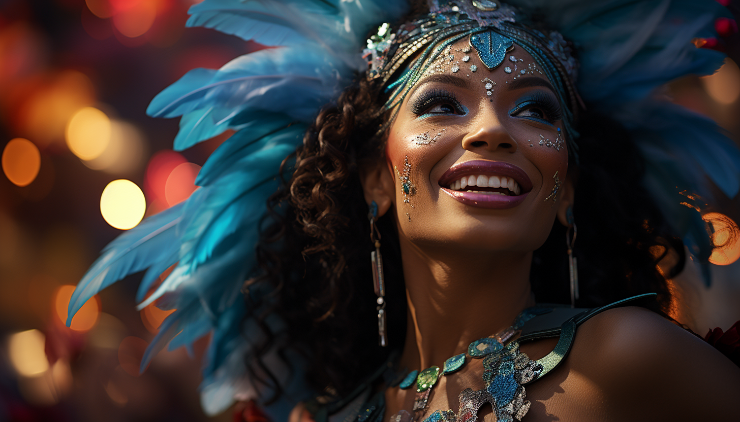 Vibrant carnival in Rio de Janeiro, with elaborate costumes, samba dancers, lively music, and a festive atmosphere.