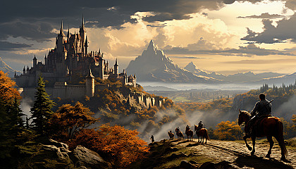 Medieval castle on a misty cliff, with knights, horses, a bustling courtyard, and a distant dragon silhouette.