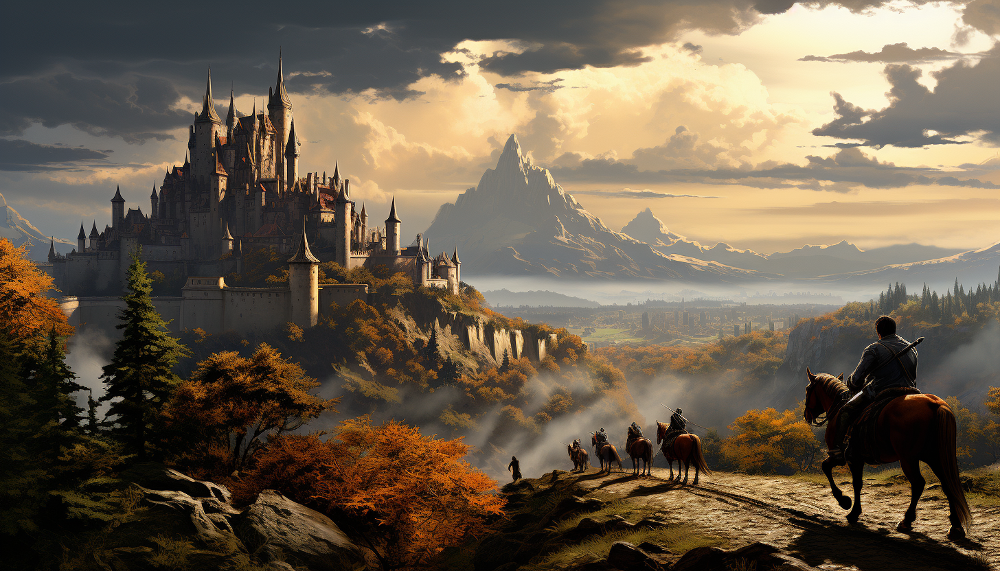 Medieval castle on a misty cliff, with knights, horses, a bustling courtyard, and a distant dragon silhouette.